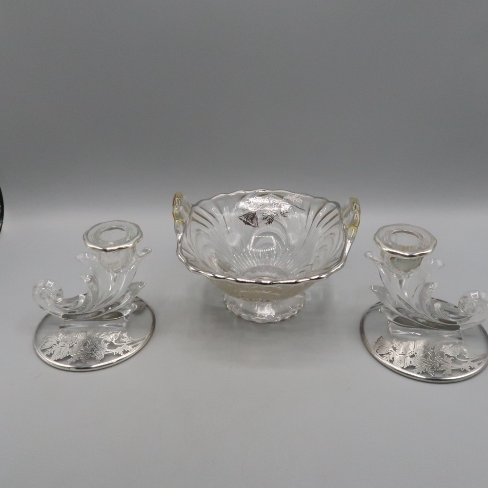 Glass Candle Holders Sticks & Candy Bowl Sterling Silver Overlay Set Poppies